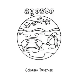 Coloring page of August with a summer beach landscape