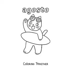 Coloring page of August with a cartoon cat holding a surfboard
