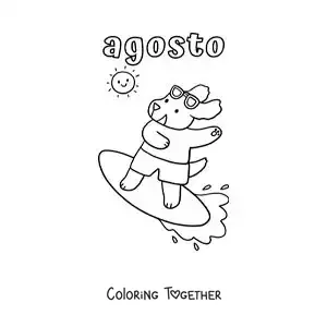 Coloring page of August with a cartoon dog surfing
