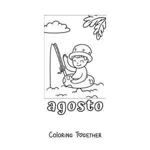 Coloring page of August with a boy on vacation fishing at the beach