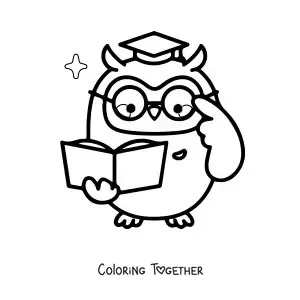 Coloring page of a cartoon owl dressed as a teacher holding a book