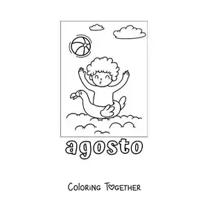 Coloring page of August with a boy on vacation playing in the pool