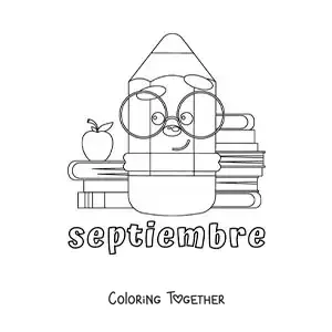 Coloring page of September with a cartoon pencil and school supplies