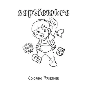 Coloring page of September with a child going back to school