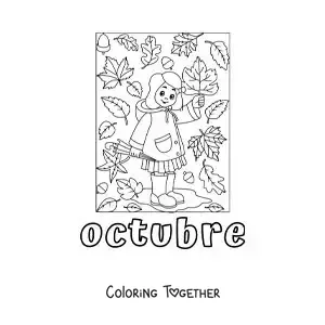 Coloring page of October with a girl among autumn leaves