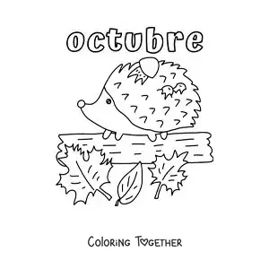 Coloring page of October with a porcupine among autumn leaves
