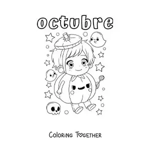 Coloring page of october with a child dressed as a kawaii Halloween pumpkin
