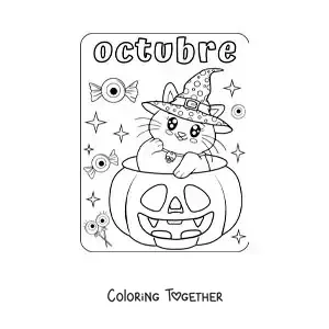 Coloring page of october with a kawaii cat inside a Halloween pumpkin