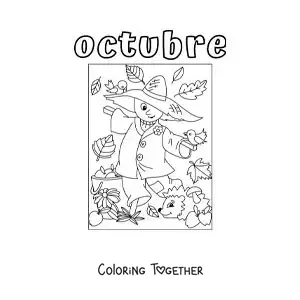 Coloring page of october with a cartoon autumn scarecrow