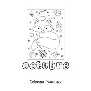 Coloring page of october with a fox among autumn leaves