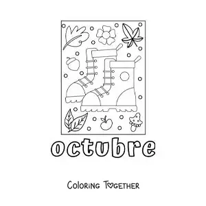 Coloring page of october with a pair of boots among autumn leaves