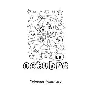 Coloring page of october with a girl dressed as a kawaii Halloween witch