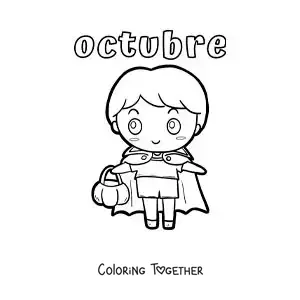 Coloring page of october with a cartoon boy dressed as a Halloween vampire