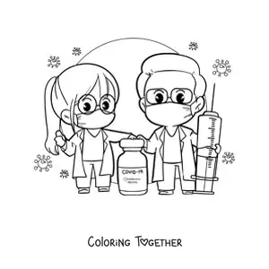 Coloring page of two cute kawaii cartoon doctors with the coronavirus vaccine