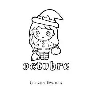 Coloring page of october with a cartoon girl dressed as a Halloween witch
