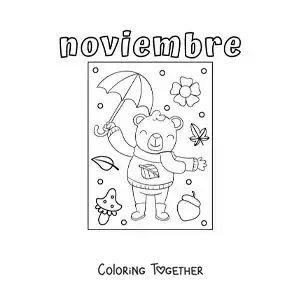 Coloring page of november with a cartoon bear in an autumn coat