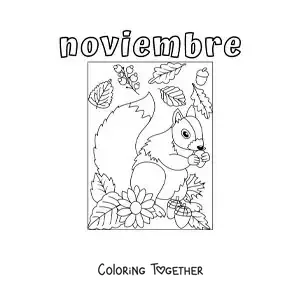 Coloring page of november with a squirrel among autumn leaves