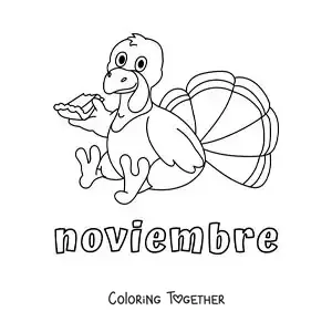 Coloring page of november with a cartoon Thanksgiving turkey