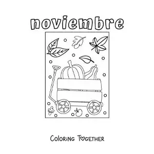 Coloring page of november with a cart full of autumn pumpkins
