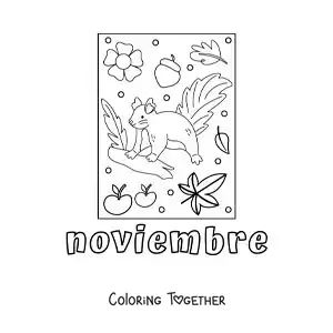 Coloring page of november with a cartoon squirrel and autumn leaves