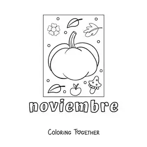 Coloring page of november with a pumpkin and autumn leaves