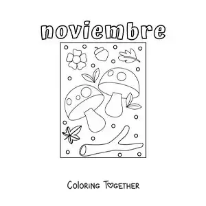 Coloring page of november with mushrooms and autumn leaves