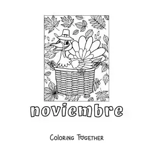 Coloring page of november with a cartoon Thanksgiving turkey