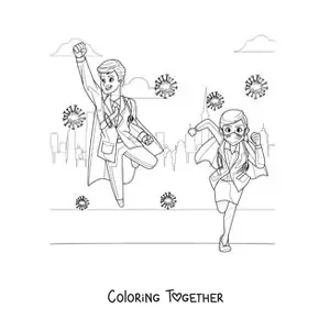 Coloring page of two superhero doctors fighting the coronavirus