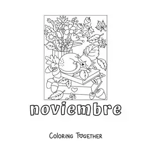 Coloring page of november with a cat sleeping on a stack of books in autumn