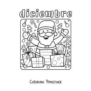 Coloring page of december with a cartoon Santa Claus carrying gifts