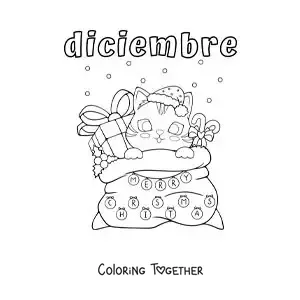 Coloring page of december with a cartoon cat in a bag of gifts