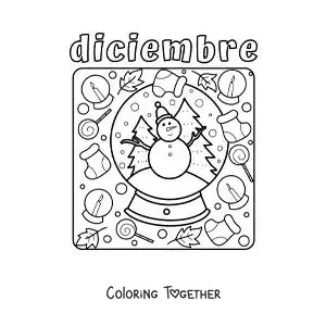 Coloring page of december with a cartoon snow globe