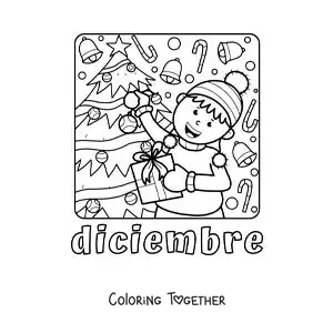 Coloring page of december with a child holding gifts next to the Christmas tree