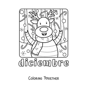 Coloring page of december with a cartoon Christmas reindeer