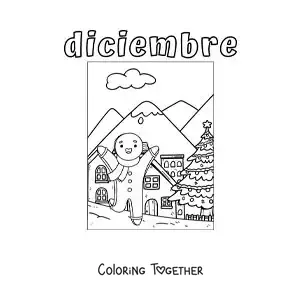 Coloring page of december with a cartoon Christmas gingerbread man