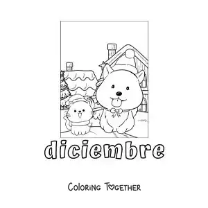 Coloring page of december with a cartoon Christmas dog and cat
