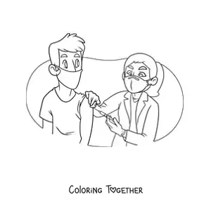 Coloring page of a female doctor vaccinating a patient