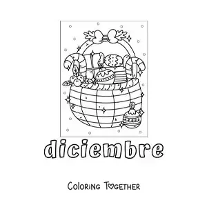 Coloring page of december with a Christmas gift basket