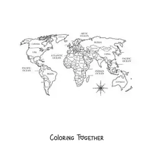 Coloring page of a political world map with the names of the countries
