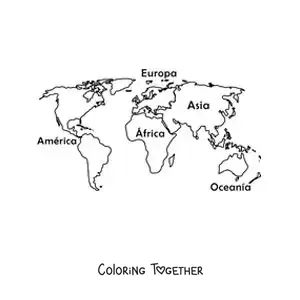 Coloring page of a world map with the names of the continents
