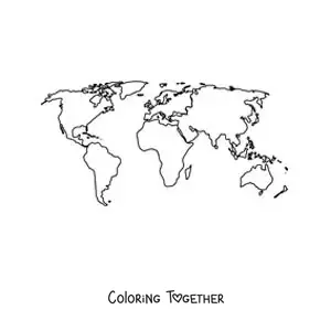 Coloring page of a world map with the continents