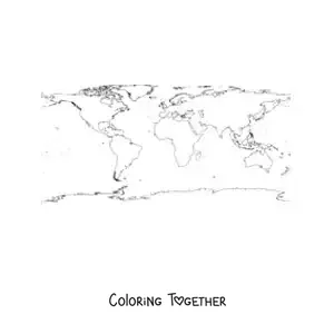Coloring page of a world map with an equirectangular projection