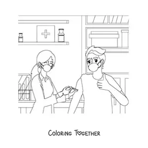Coloring page of a female doctor vaccinating a patient in an office