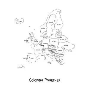 Coloring page of a map of the European continent with names