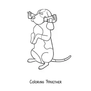 Coloring page of a basset hound standing on two legs and biting a newspaper