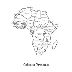 Coloring page of a map of the African continent with names
