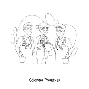 Coloring page of three doctors in uniform