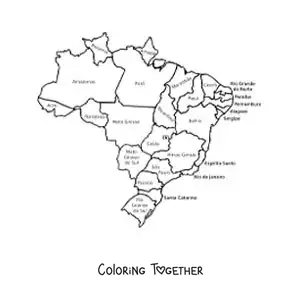Coloring page of a political map of Brazil with names