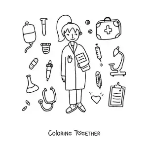 Coloring page of a cartoon female doctor surrounded by medical instruments
