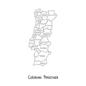 Coloring page of a political map of Portugal with names